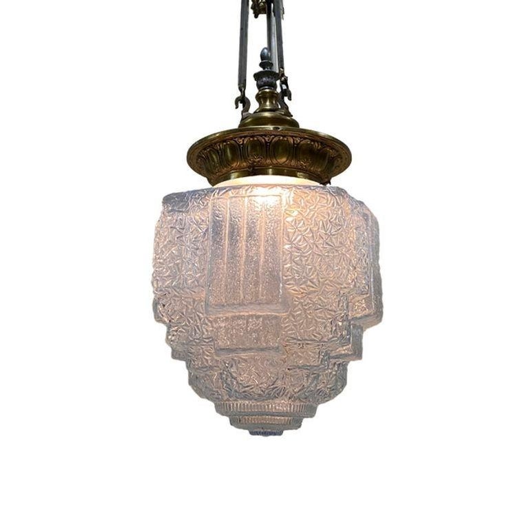Art Deco Brass Ceiling Pendant w/ Stepped Blue Glass Deco Globe, Set of 4