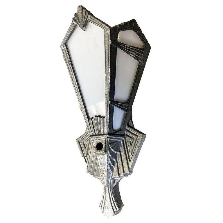 Geometric Art Deco Aluminum Wall Sconce w/ Slat Milk Glass Panels, 4 Available