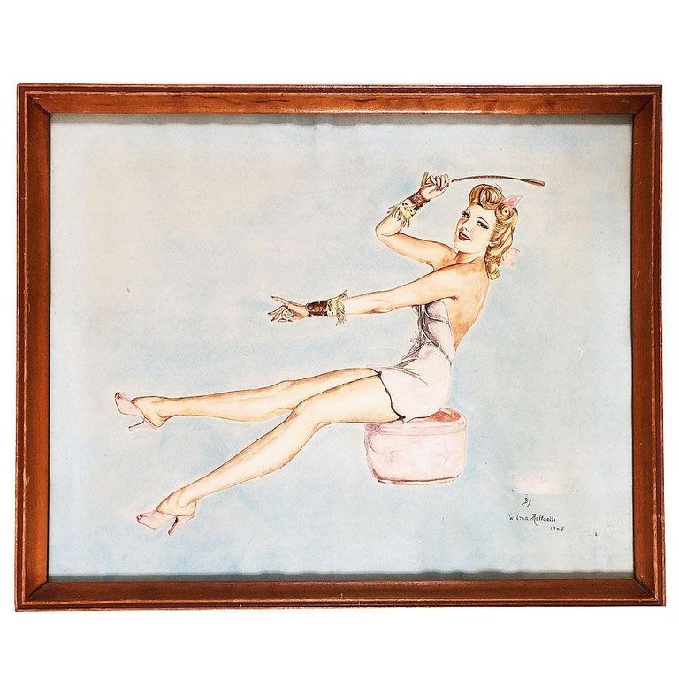 "Lady on Ottoman" Wood Framed Pinup Painting by Wilma Raffaelli, 1948.