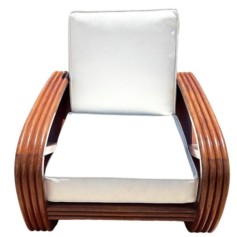 Rare 4-Strand like Carved Mahogany Square Pretzel Faux Rattan Lounge Chair, Pair