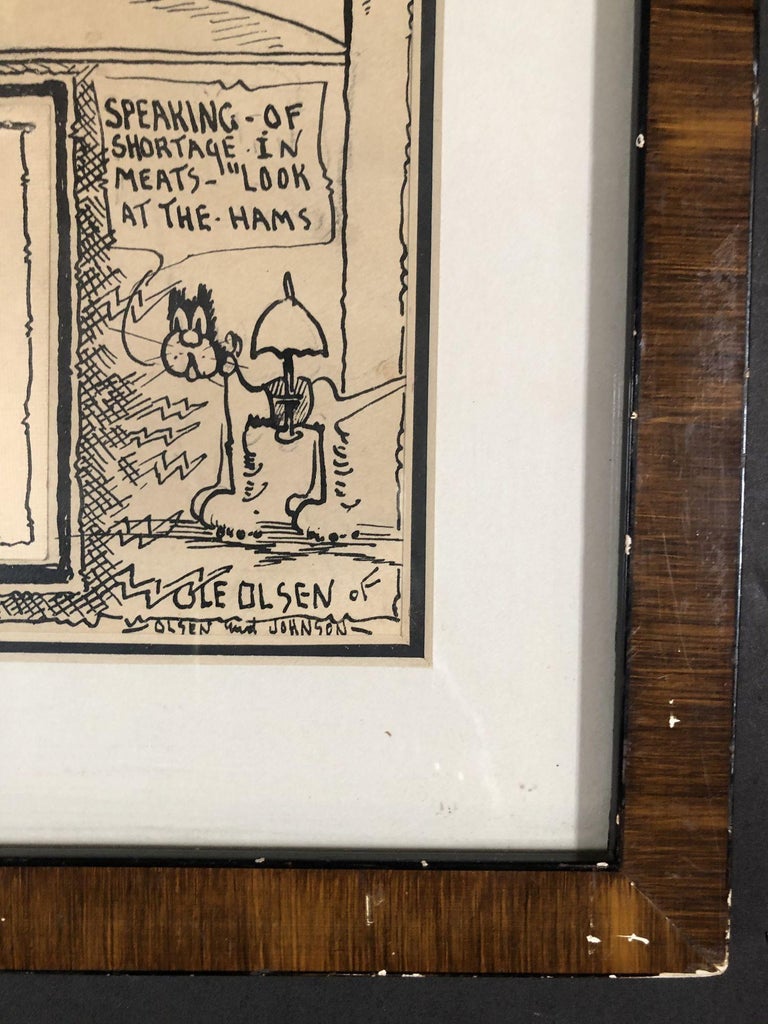 Vintage Framed Pen Drawn Cartoon by "Ole Olsen" from comedians "Olsen & Johnson"
