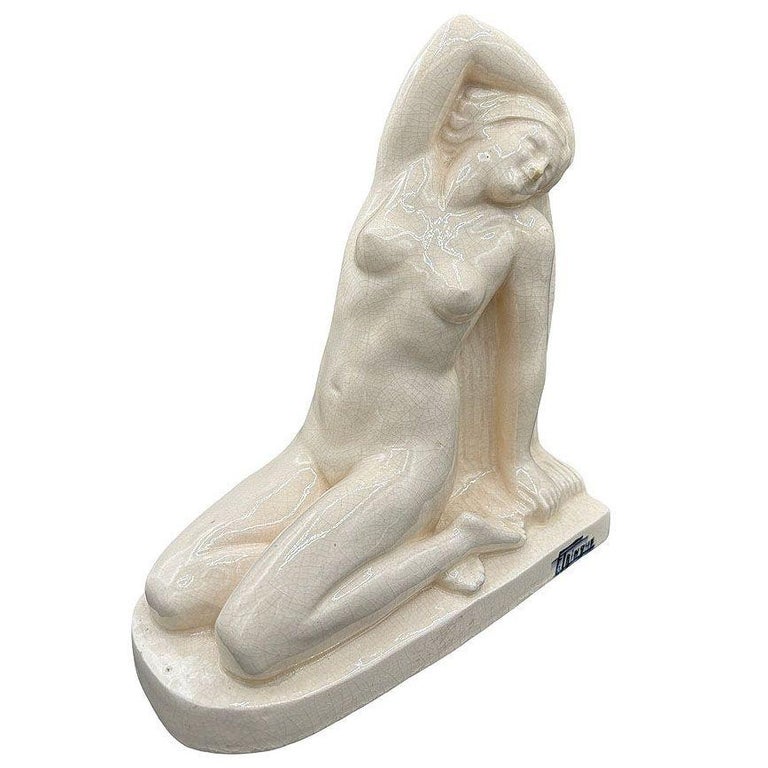 French Art Deco Nude Female Ceramic Sculpture signed by F. Trinque