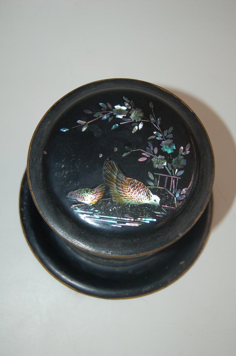 Vintage Post War Japanese Black Aboloni Round Tea Caddie Canister