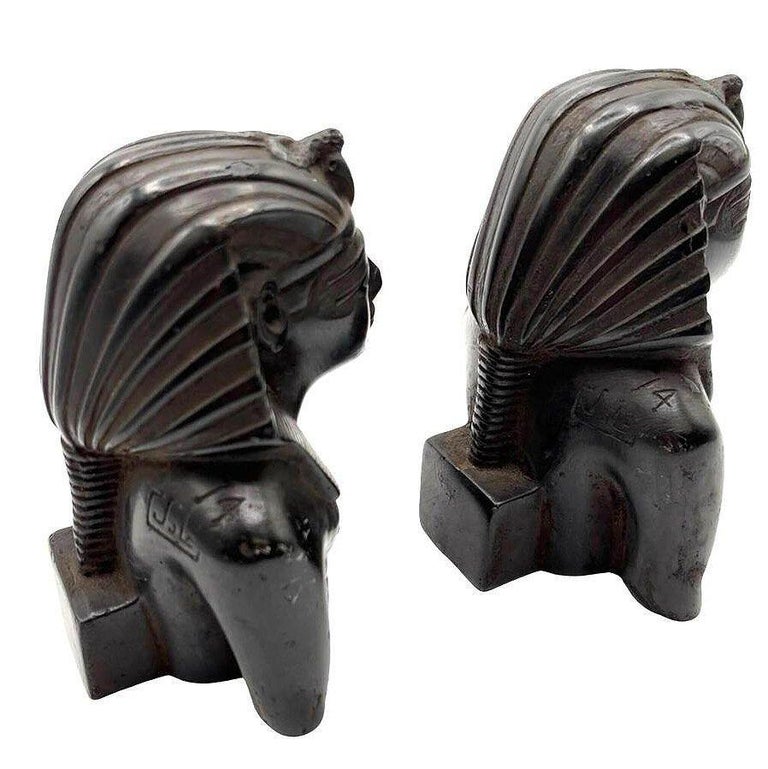 Hand Carved Ebony Wood King Tut Tutankhamen Pharaoh Bust Book Ends Signed 1974