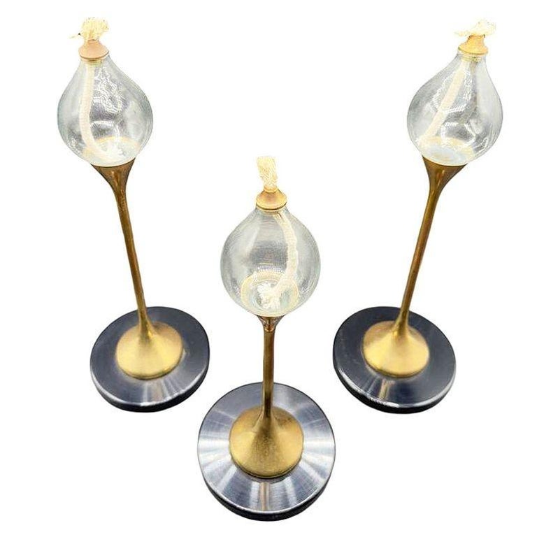 German Brass "Clear Drops" Oil Lamp Candlestick by Freddie Andersen, Set of 3