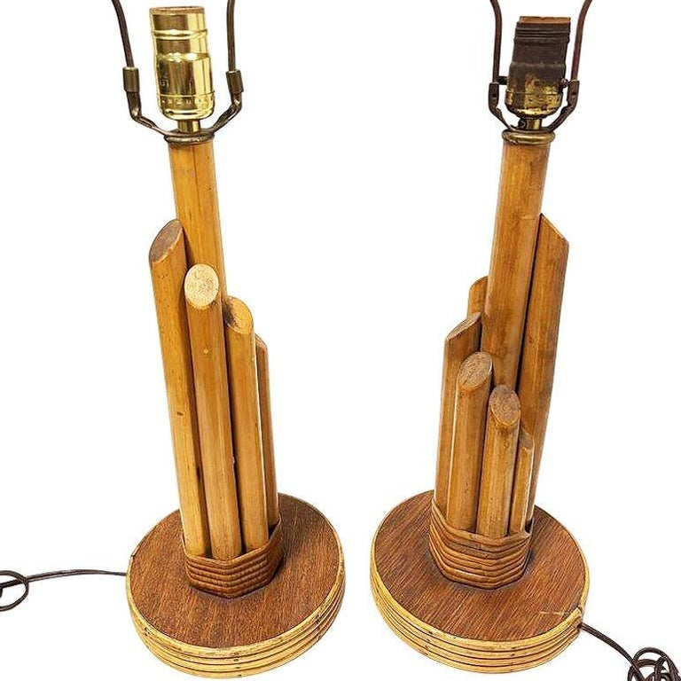 Sculptural Mahogany & Wicker Wrapped Rattan Graduated 7-Pole Table Lamps, Pair