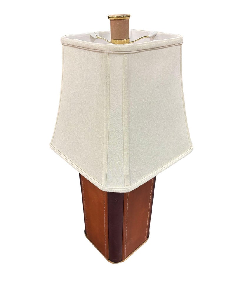 Two-Toned Square Leather Wrapped Table Lamp with Gold Trim
