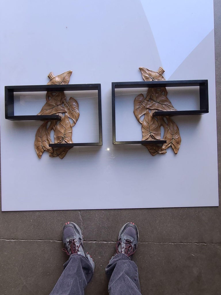 Midcentury Wall Shelf with Hand Carved Leaf Pattern, Pair