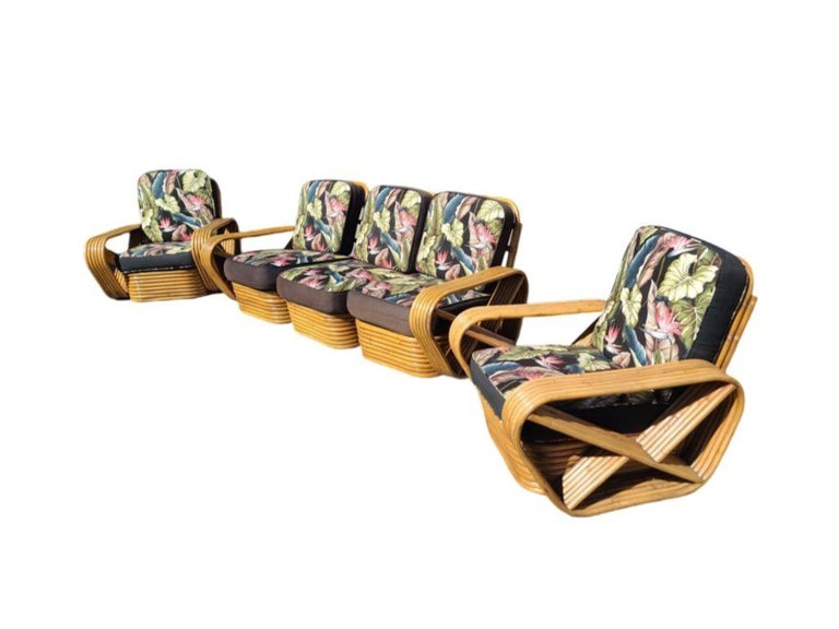Restored Art Deco Six-Strand Stacked Rattan Sofa and Lounge ChairLiving Room set