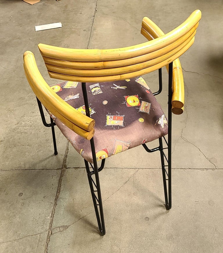 Restored Mid Century Wrought Iron Wire Hairpin Leg Armchair w/ Pole Rattan Arms