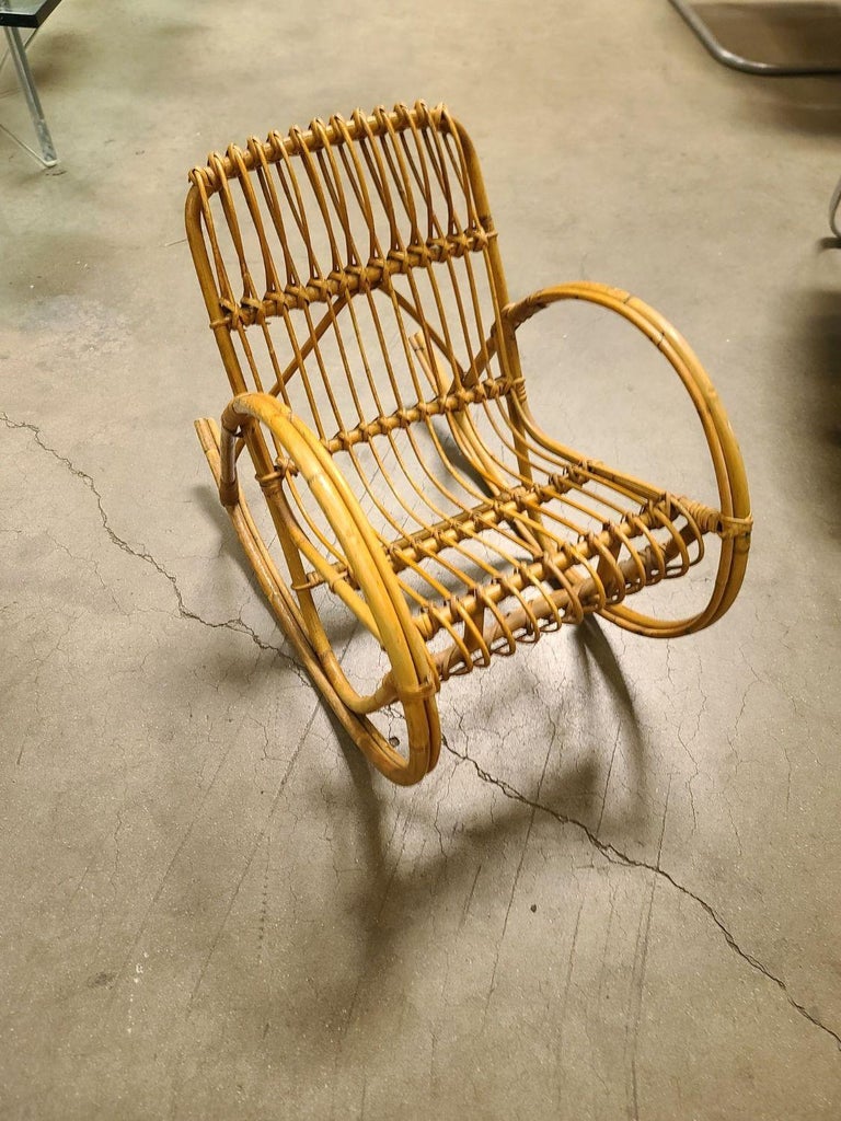 Restored Albini Style Child's Stick Reed Reed Rattan Rocking Chair