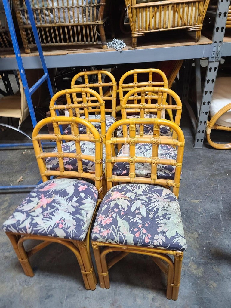 Restored Rattan Dining Chairs set w/ Tic-Tac-Toe Back, Set of 6