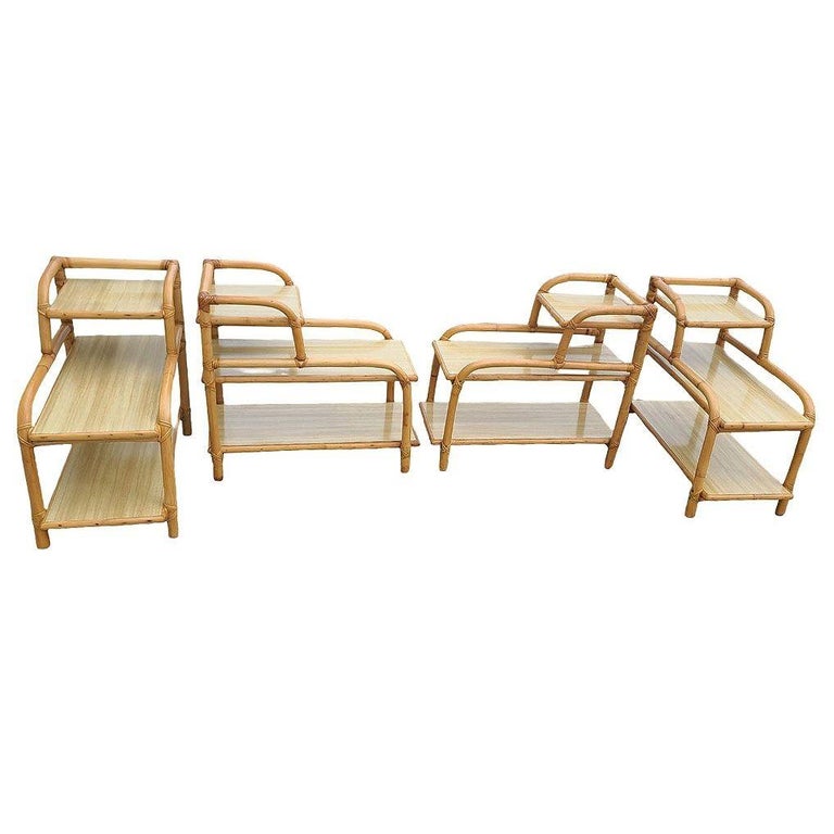 Restored Mid-century 3-Tier Rattan Side Lamp Table Living Room Set of 4