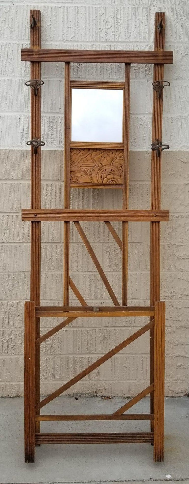 Art Deco Carved Rack Hall Tree with Mirror
