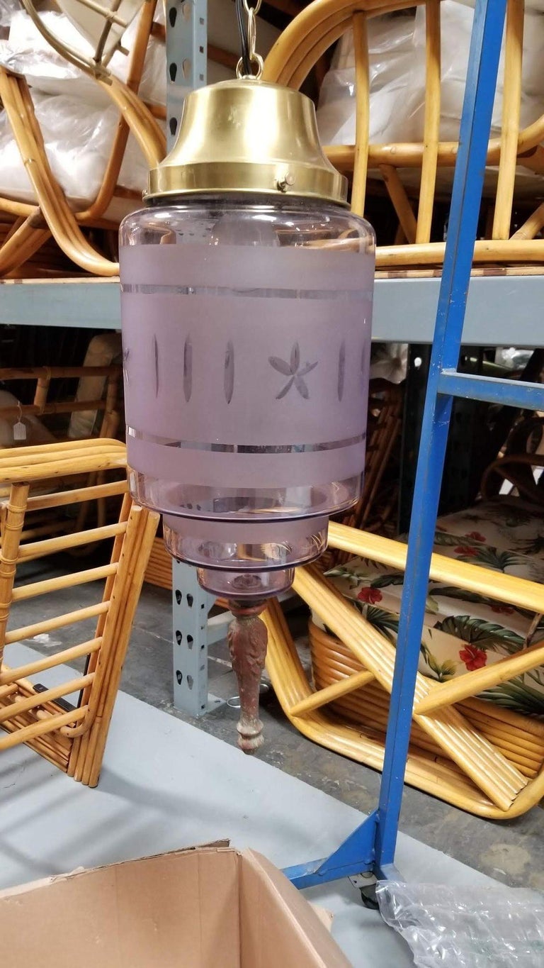 Hollywood Regency Hanging Pendant Light with Purple Etched Glass