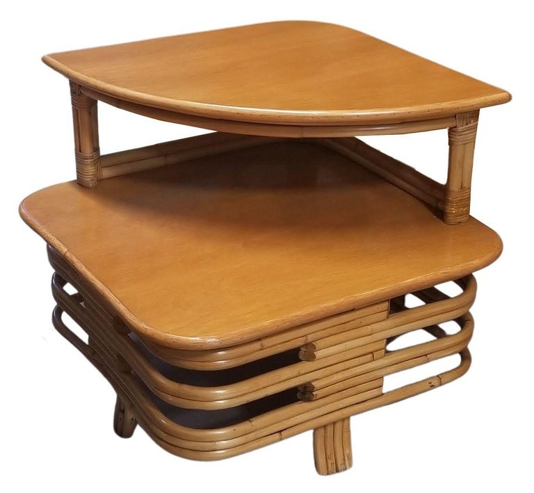 Restored Ratan and Mahogany Two-Tiered Corner Table with Stacked Rattan Base