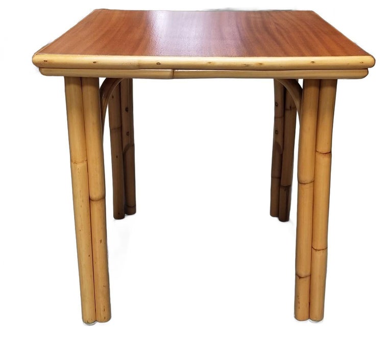 Restored Rattan Three-Strand Arched Legs Side and Drink Table with a Solid Mahog