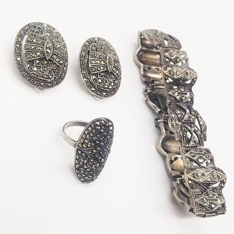 Sterling Silver French Paste Marcasite Jewelry Set, Brooch, Bracelet, Earrings