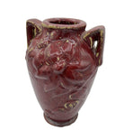 Red Art Pottery Vase with Dual Handles & Sculpted Floral Relief