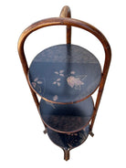 Costal Three Tiered Dark Stained Rattan Shelf w East Asian Motif Tops