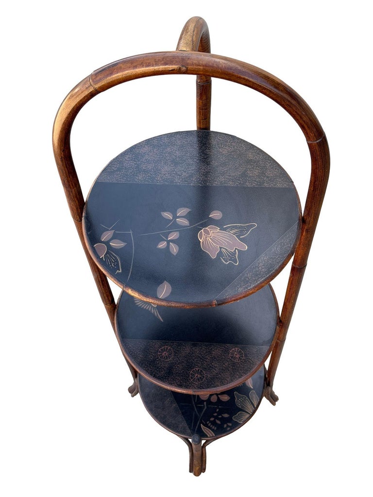 Costal Three Tiered Dark Stained Rattan Shelf w East Asian Motif Tops