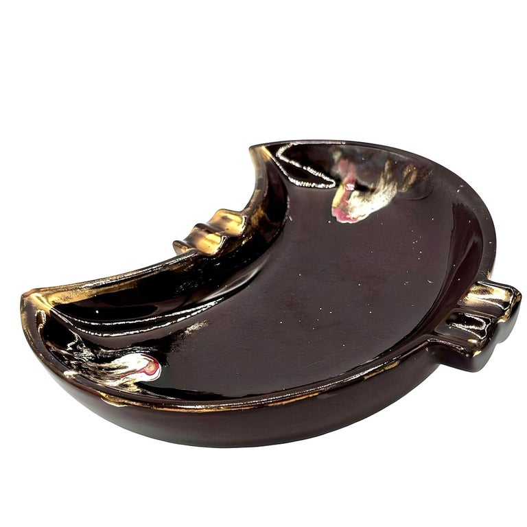 Mid Century Ceramic Crescent Shaped Glazed Ashtray Dish