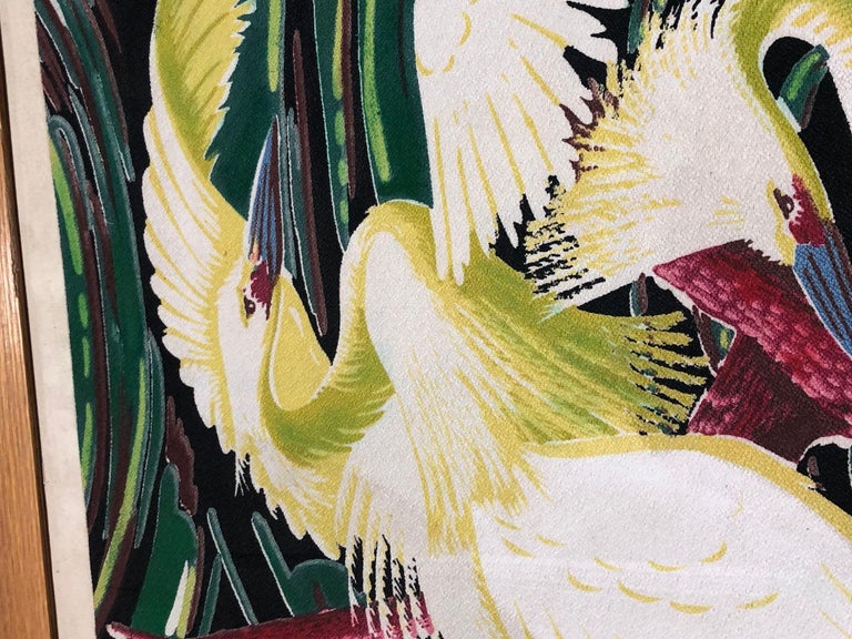 Restored Vintage 1949 Rattan Framed Crane Barkcloth Fabric Sample by Spectrum