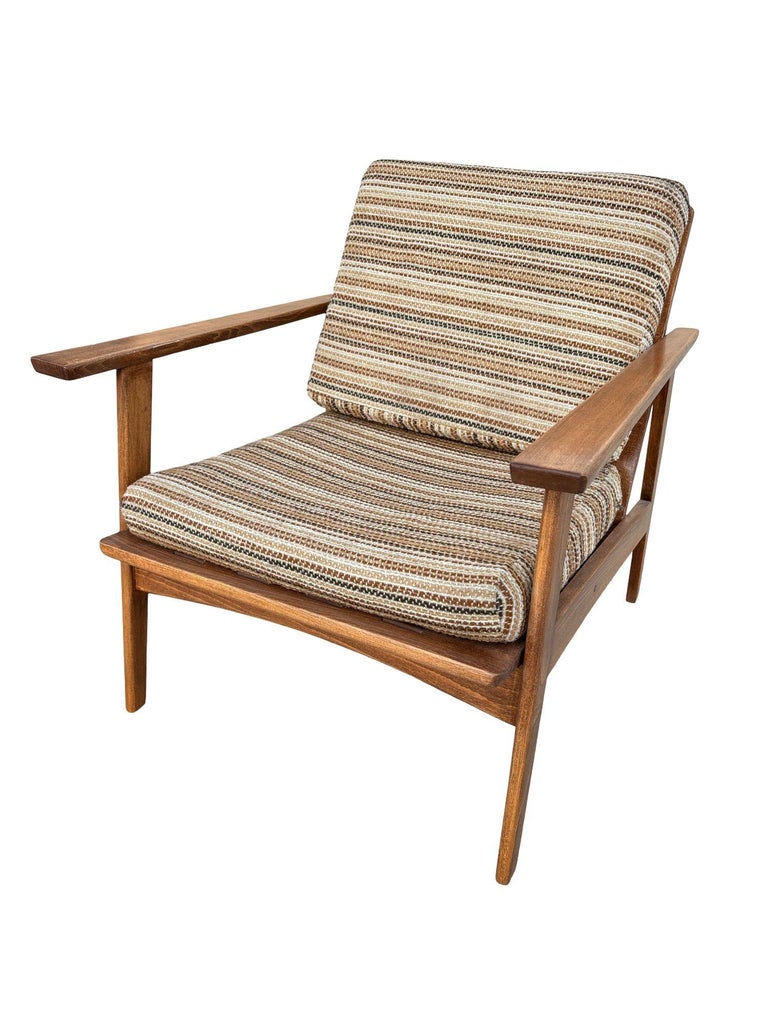 Scandinavian Modern MCM Walnut Framed Armchair with Striped Cushions