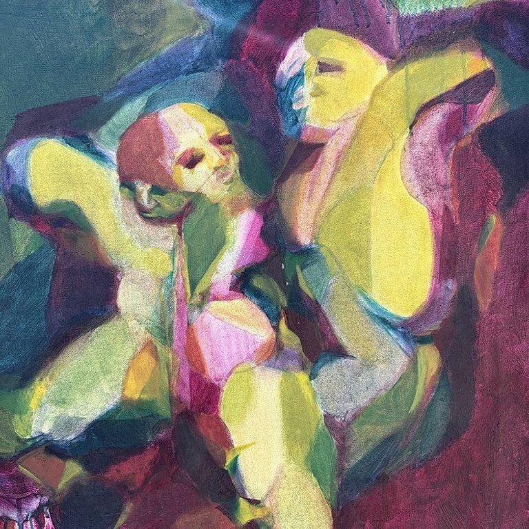 Abstract Expressionist Multi-colored Figures Oil on Canvas Signed Mars
