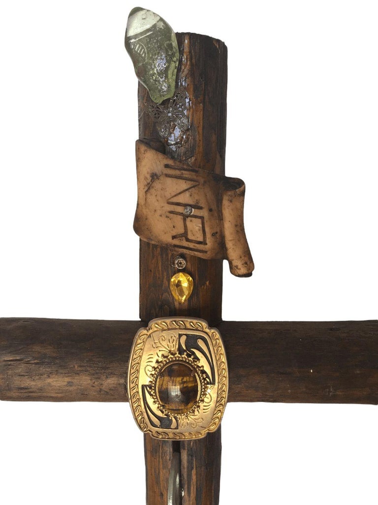 Vintage Large Wood Logs Cross with Metal and Glass decorations