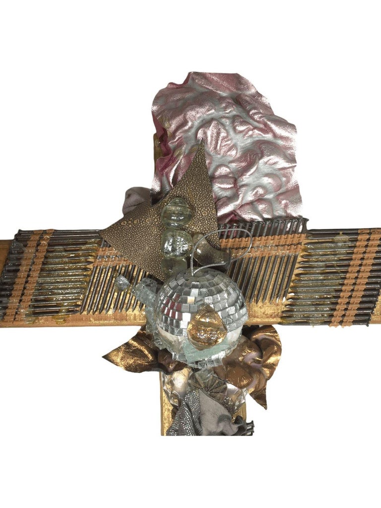 Vintage Flat Wood Cross with Mixed Media Decorations