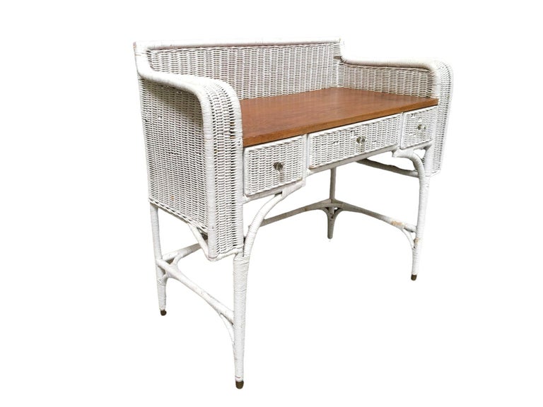 Shabby Chic White Wicker Mahogany Top Writing Secretary Desk w/ Chair