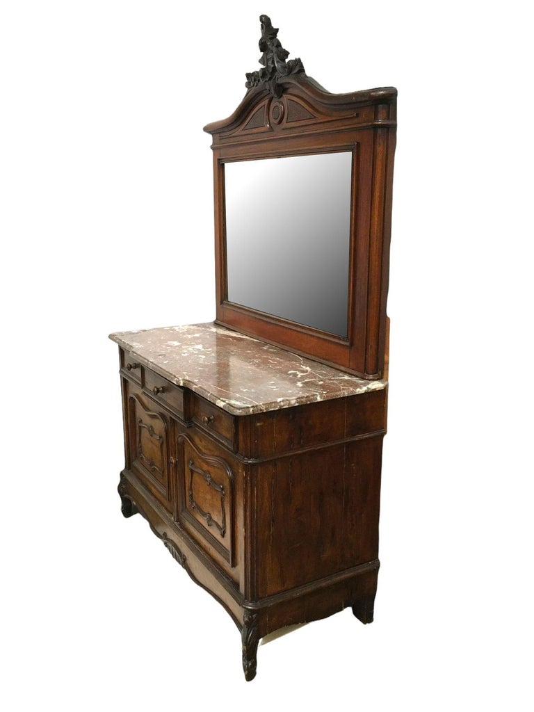 Louis XVI Solid Oak Dressing Vanity Table with Mirror and Marble Top