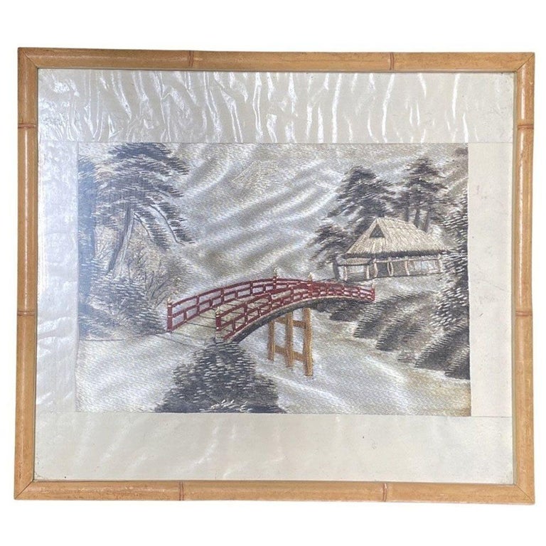 Three Chinese Silk Embroidery Tapestry Art Tropical Landscape in Rattan Frames