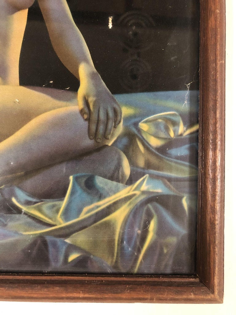1942 WWII Pin-up Nude Female Lithograph by Signed C Moss in Wood Frame