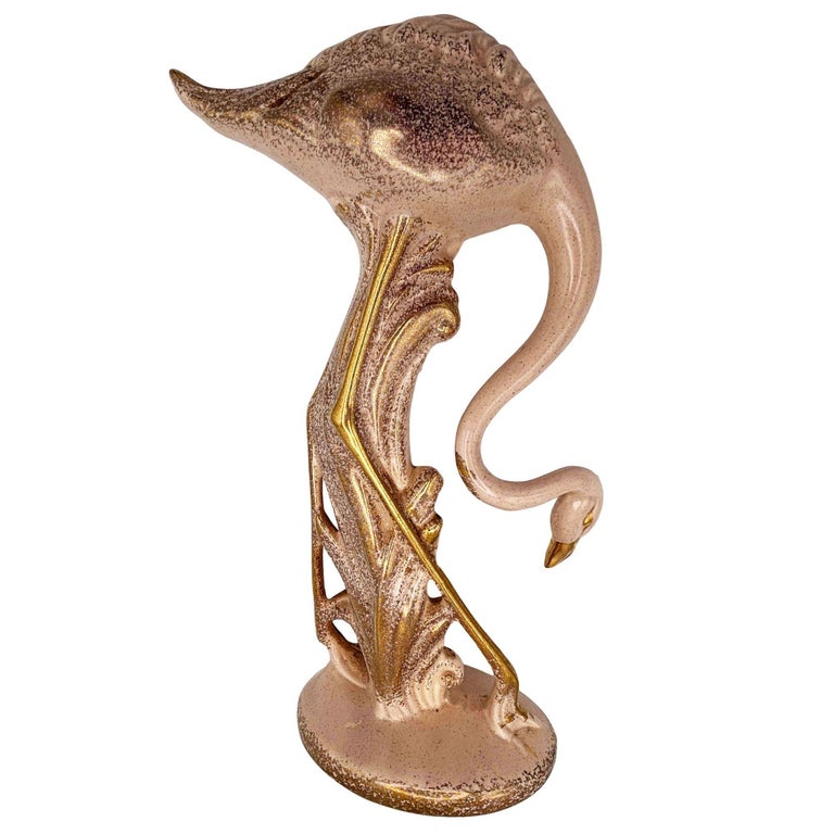 13" Tall Pottery Ceramic Beige Long-legged Flamingo Figurine, 1970