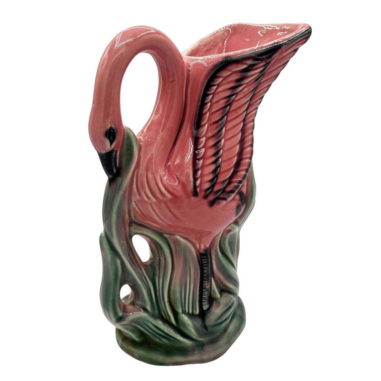Mid-century Pink & Green Flamingo Tropical Water Pitcher by Royal Copley