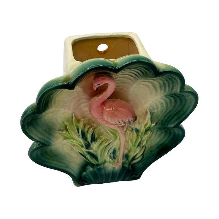 Rare Japanese Mid-century Tropical Calm Shell Flamingo Flower Wall Planter