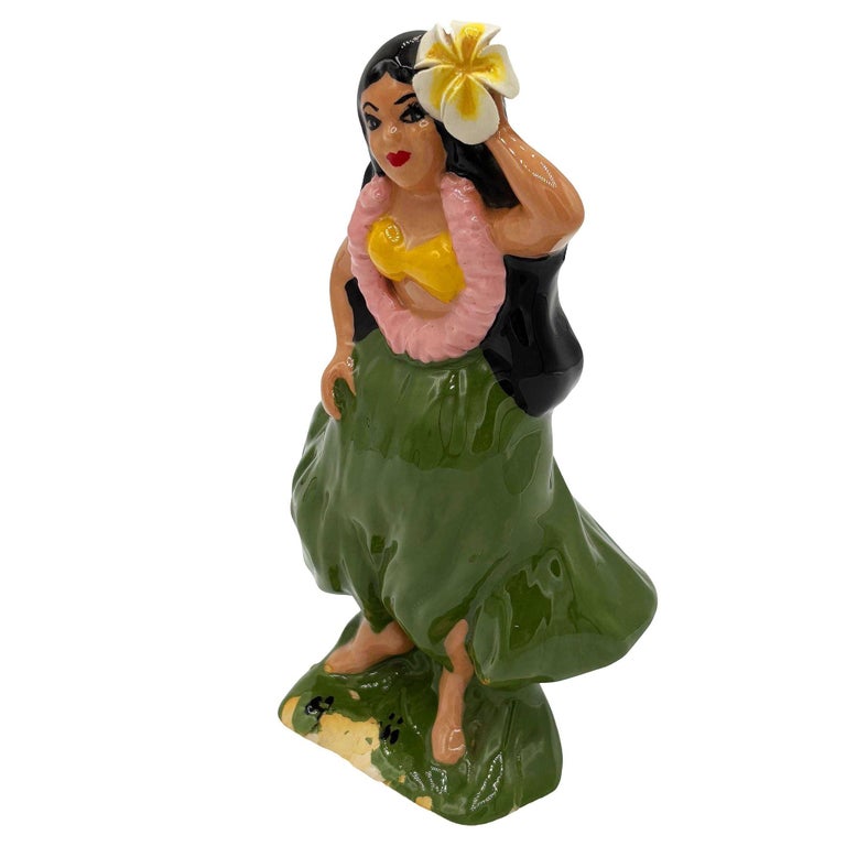 Mid-century "Hawaiian" Hula Girl in Grass Skirt Ceramic Statue