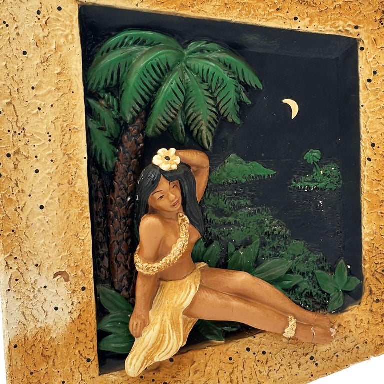 Rare MCM Tropical Hula Girl & Ukulele Boy Art Pottery 3D Wall Sculptural, Pair