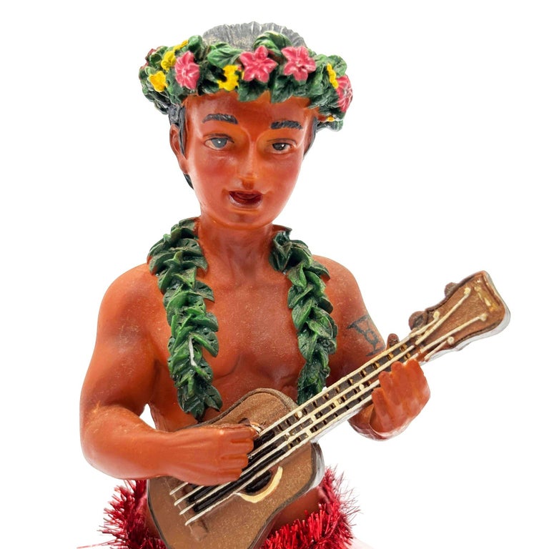 Ceramic Hawaii Hula Man Ukulele Player with headdress Bobble Doll