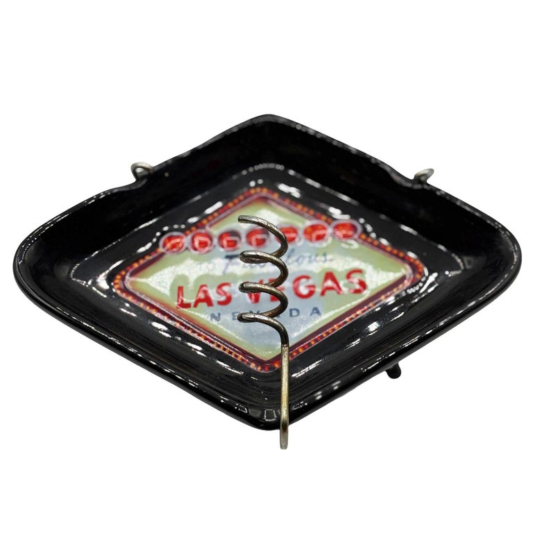 Retro Mid-century Style Black Ceramic Ashtray With Las Vegas Sign & Stand