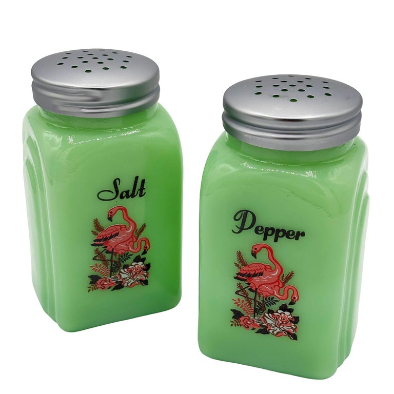 Mid-century Jadeite Green Glass Pink Flamingos Salt and Pepper Set