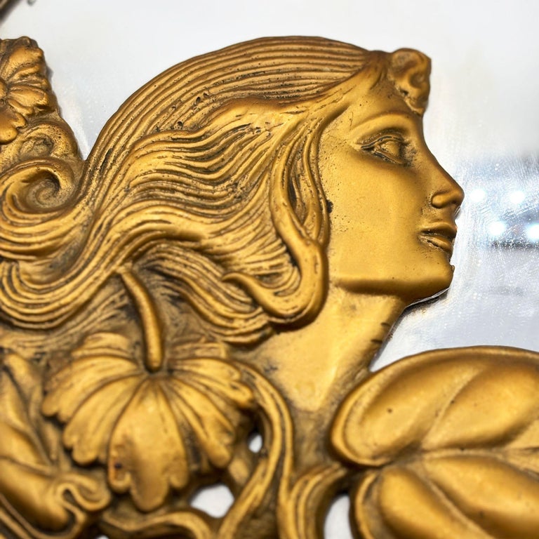Cast Brass Art Nouveau Round Wall Mirror with Ivy Lady Portrait