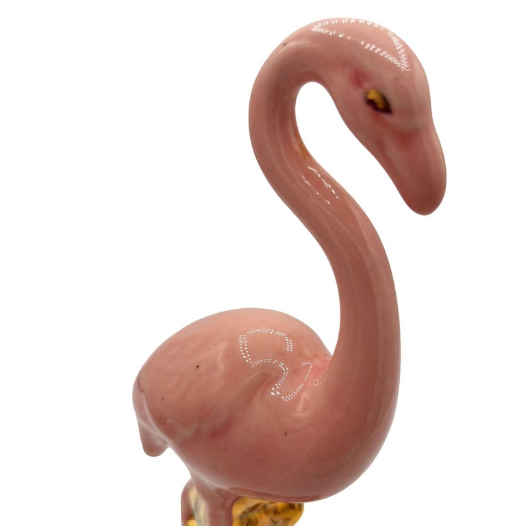 Mid-century Ceramic Fancy Bird Pink & Gold Flamingo Tabletop Statue
