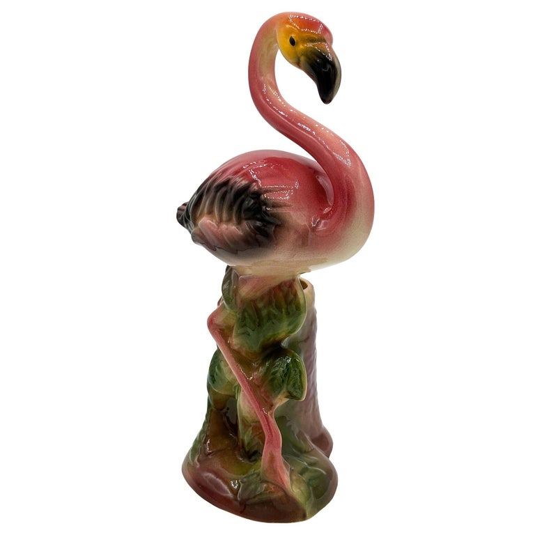 Large 10" MCM Ceramic Hand Painted Flamingo Flower Table Planter, California