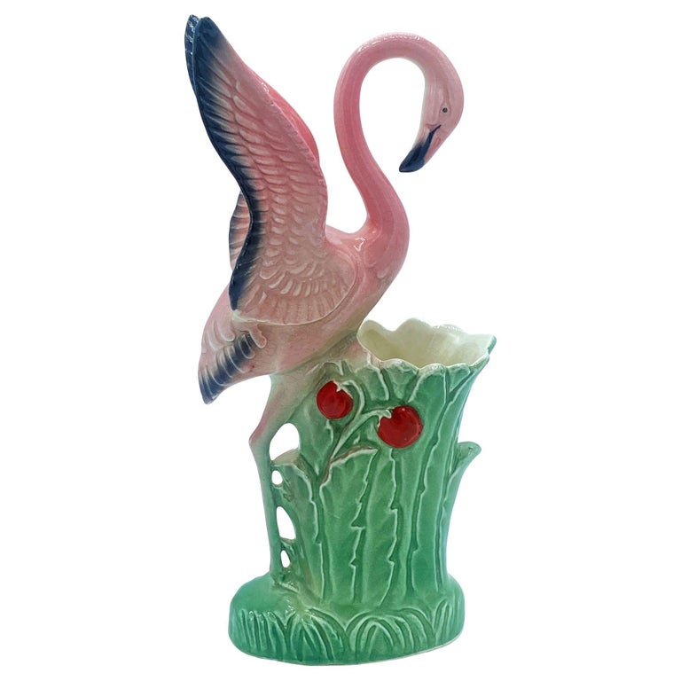 Mid-century "Lovers" Pink Flamingo Ceramic Tabletop Vase Set By Leftons
