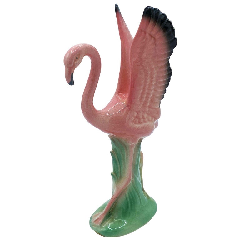 Mid-century Ceramic Mid Flight Pink Flamingo Tabletop Statue Set By Leftons