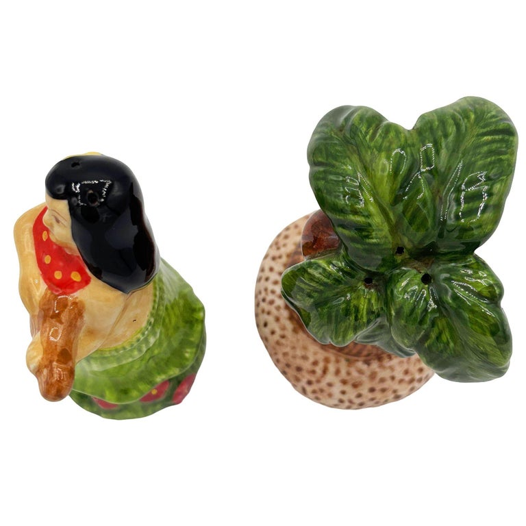 1980's Hula Girl & Palm Tree Ceramic Tabletop Matching Salt & Pepper Shaker Set