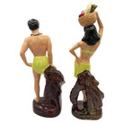 Mid-Century Hand Painted Hawaiian Hula Girl & Male Surfer Ceramic Statue Set